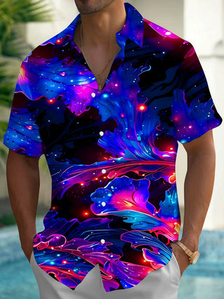 Starry Sky Neon Leaf Floral Men's Pocket Short Sleeve Shirts