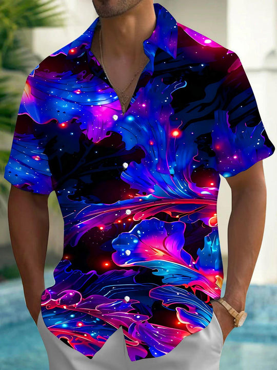 Starry Sky Neon Leaf Floral Men's Pocket Short Sleeve Shirts