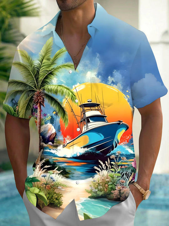 men's Hawaiian shirt front view tropical beach vacation