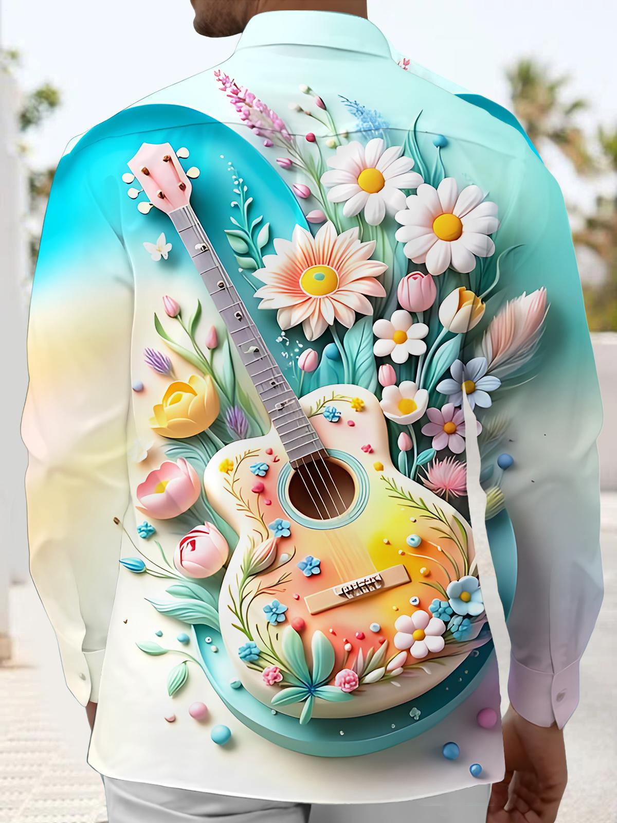 Floral Guitar Art Print Men's Pocket Long Sleeve Shirts