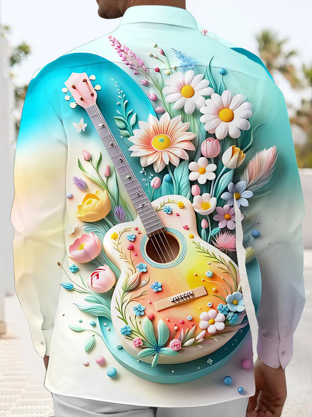 Men's Floral Guitar Art Print Long Sleeve Shirt Back View