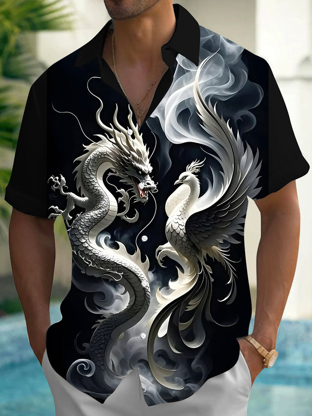 Men's Dragon Print Pocket Short Sleeve Shirt Front View