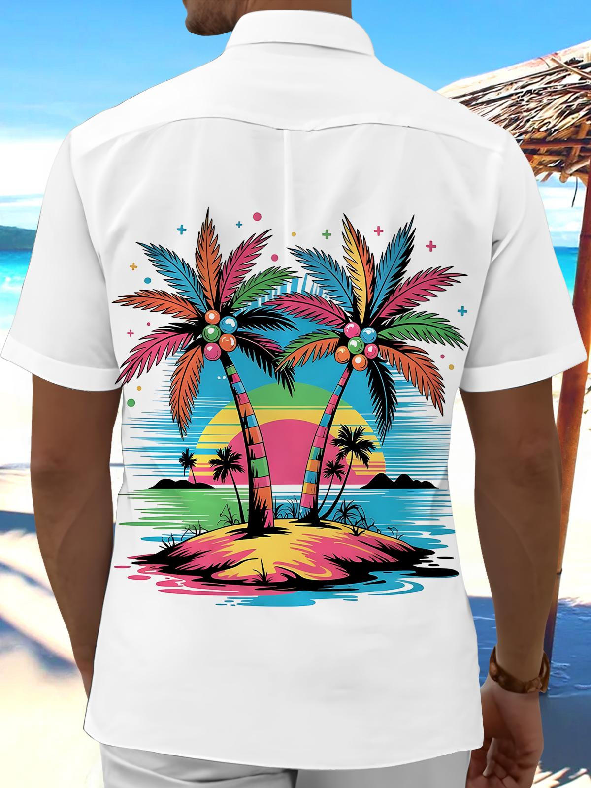 Coconut Tree Print Men's Pocket Short Sleeve Shirts