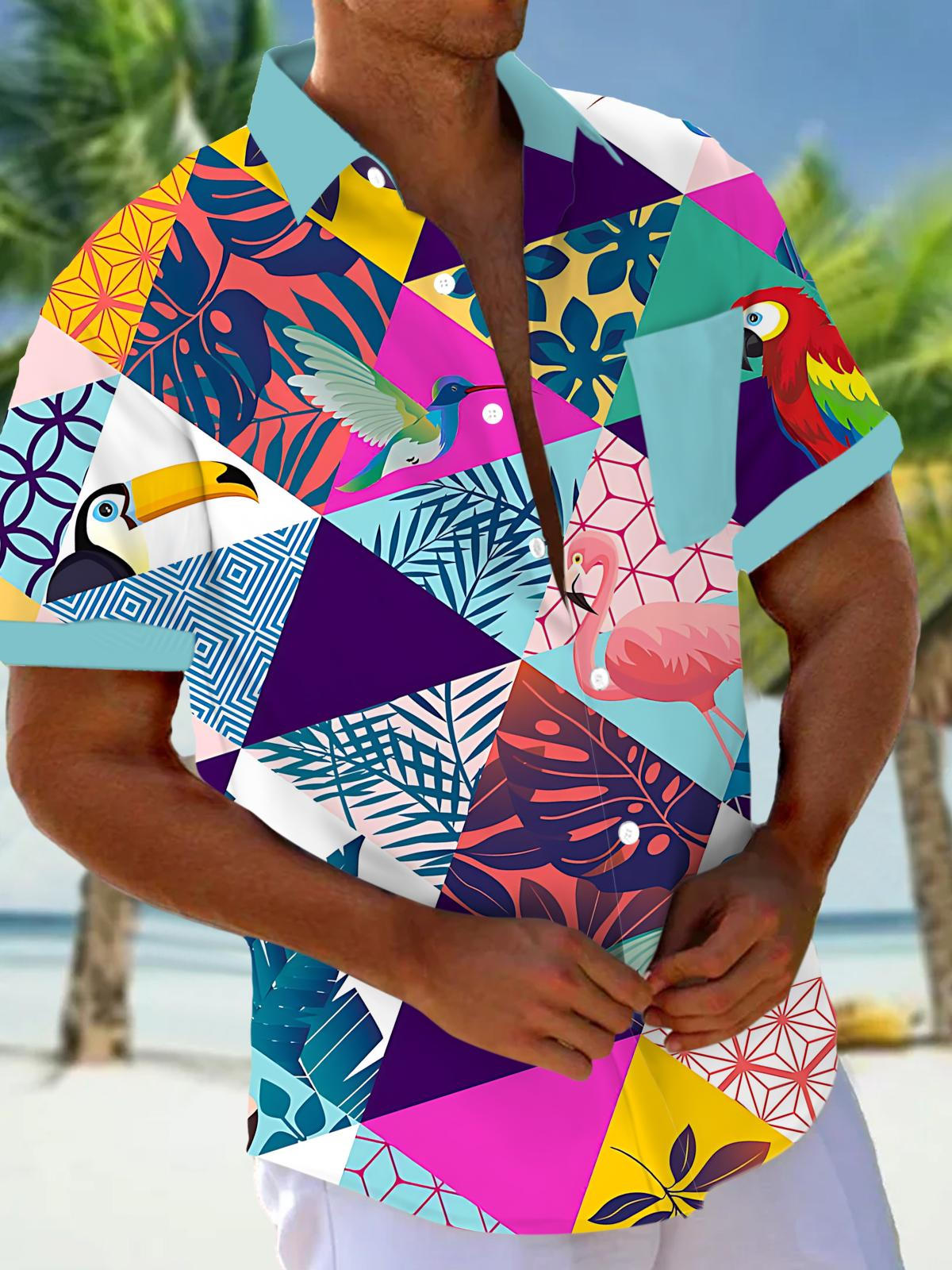 Hawaiian Plant Flamingo Parrot Print Men's Pocket Short Sleeve Shirts
