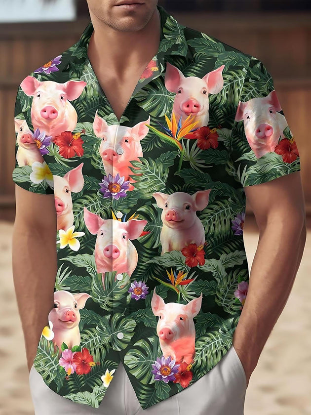 Men's funny pig Hawaiian print short sleeve shirt front view tropical beach vacation