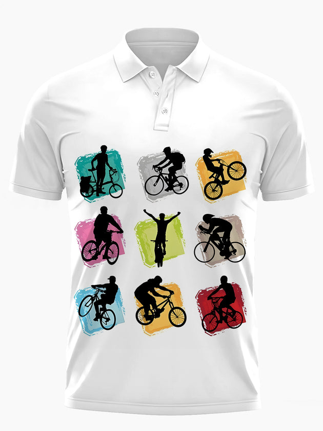 Men's bicycle print short sleeve button polo shirt front view