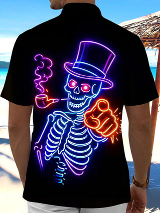 Dark Neon Colorful Skeleton Gentleman Men's Pocket Short Sleeve Shirts