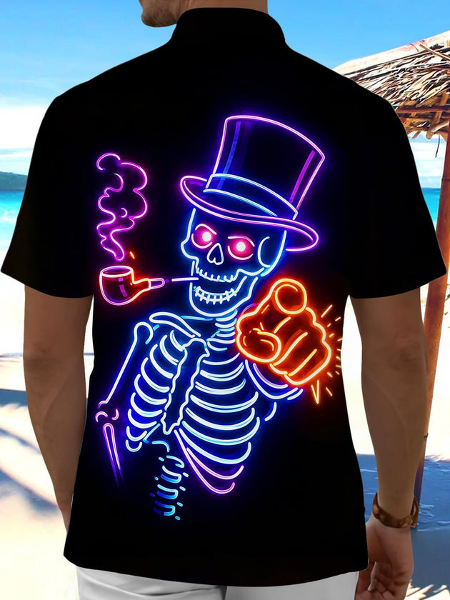 Dark Neon Colorful Skeleton Gentleman Men's Pocket Short Sleeve Shirts