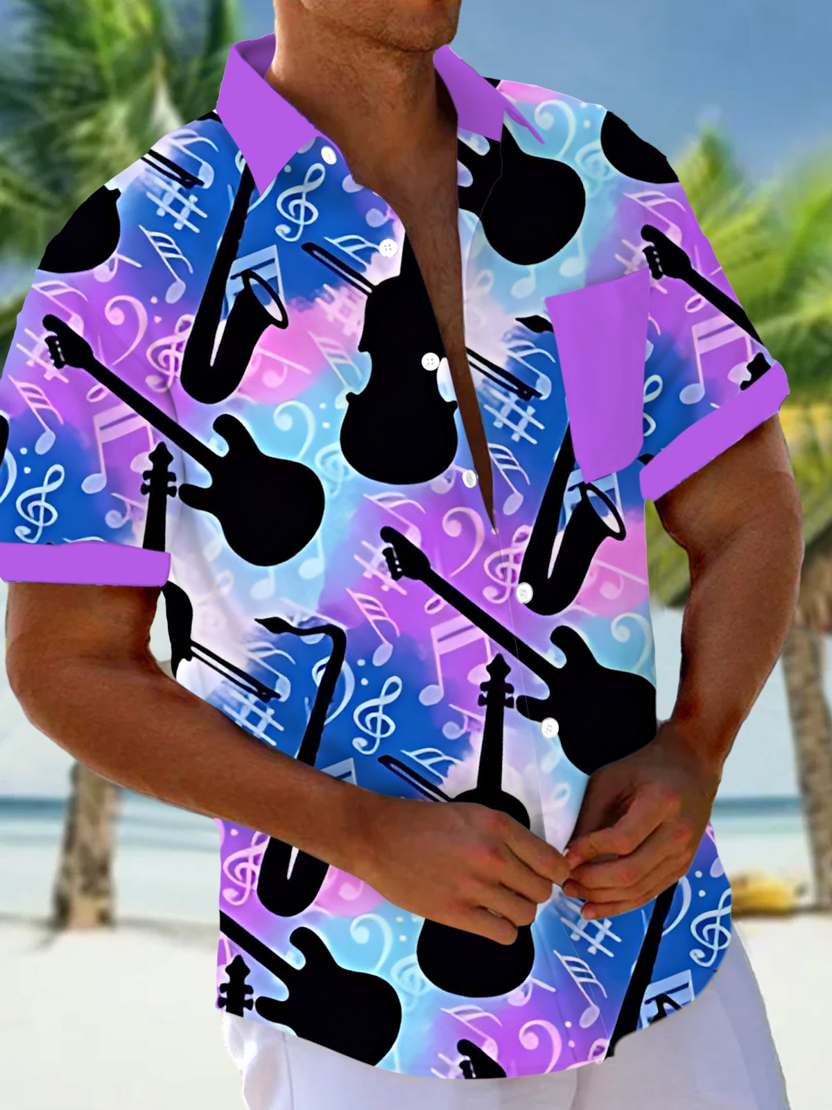 Music Note Instrument Print Men's Pocket Short Sleeve Shirts