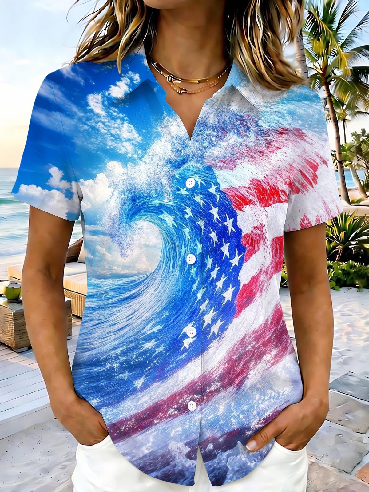 Women's American flag wave print short sleeve shirt front view for Independence Day
