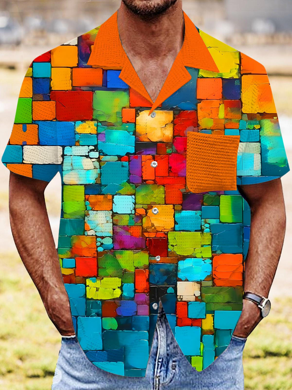 Colorful Color Block Abstract Geometry Men's Pocket Short Sleeve Cuban Collar Shirts