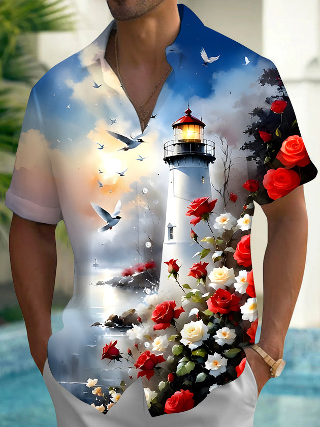 men's Hawaiian shirt front view tropical beach vacation