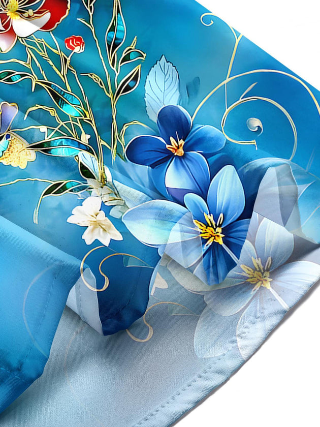 Men's tropical floral butterfly print short sleeve shirt lifestyle shot for beach vacation
