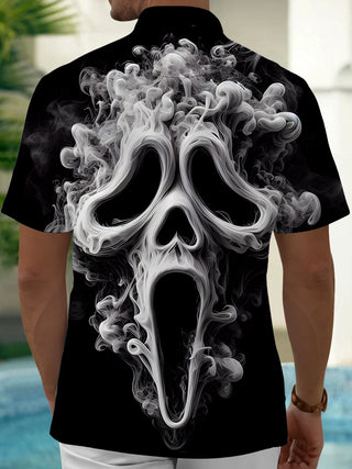 Men's black ghost print short sleeve shirt back view
