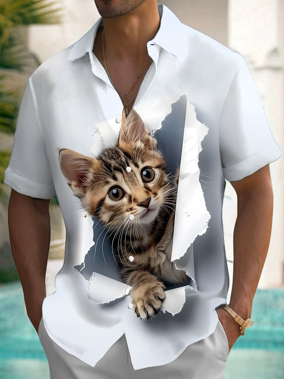 Cat Print Men's Pocket Short Sleeve Shirts