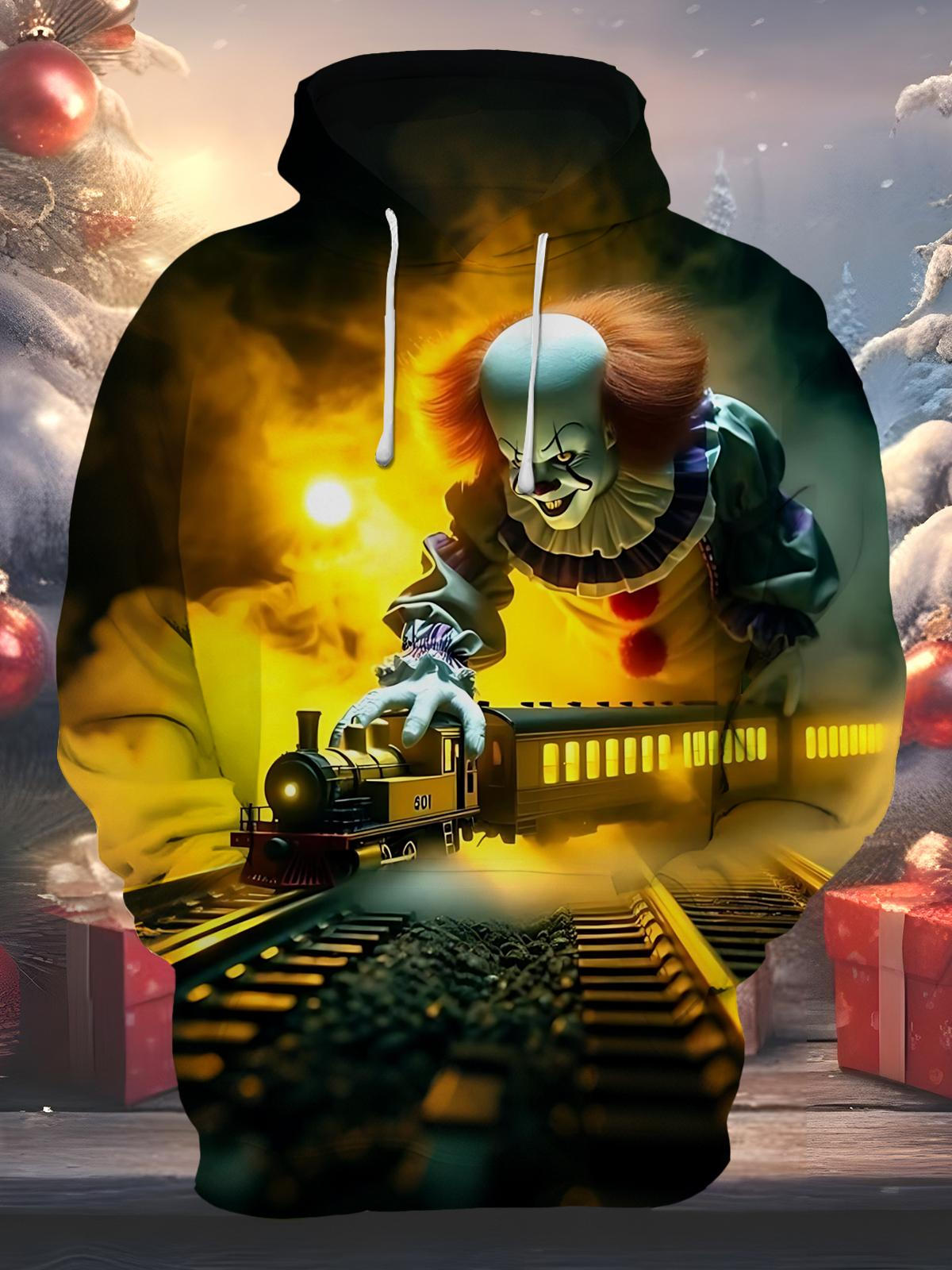 Clown Train Print Men's Long Sleeve Pocket Hoodies