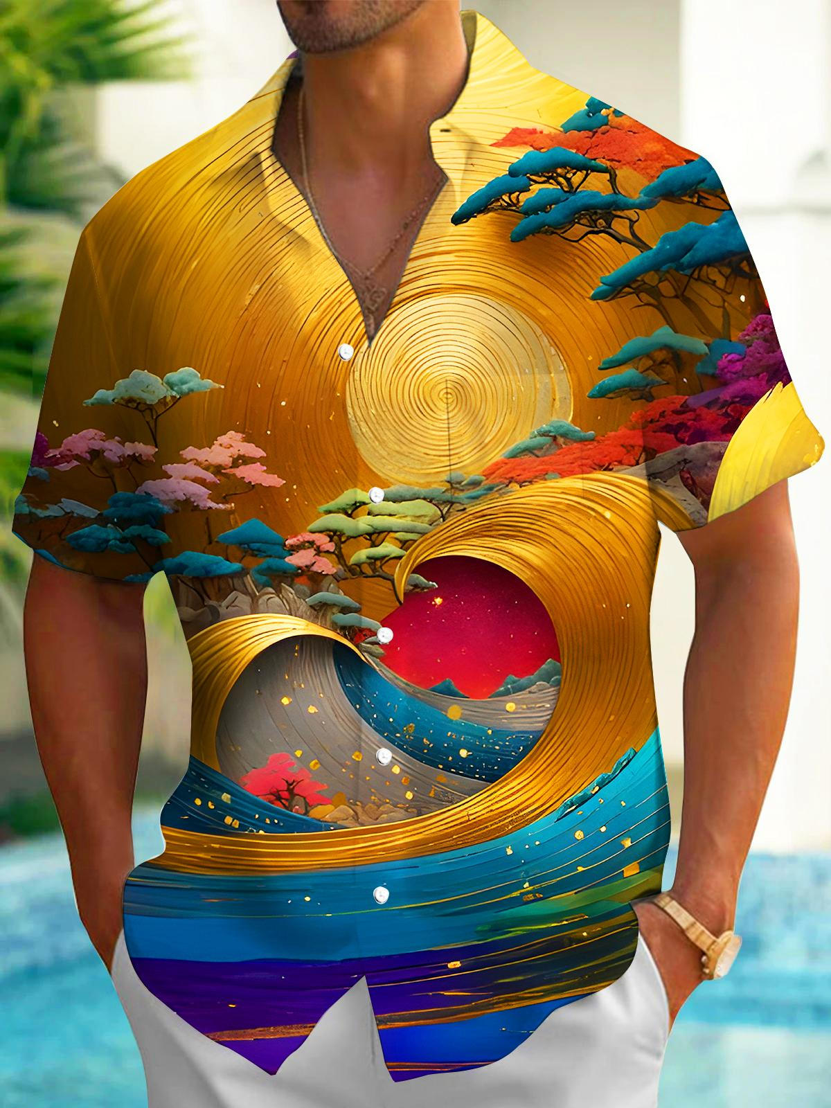 Art Gilded Sunset Colorful Trees Waves Men's Pocket Short Sleeve Shirts