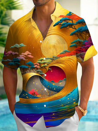 Men's colorful wave print short sleeve shirt front view