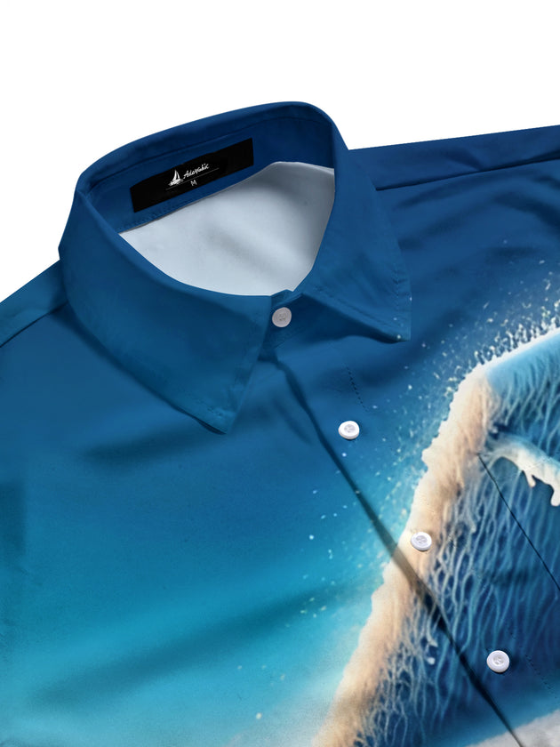 Men's coastal piano print short sleeve shirt side view