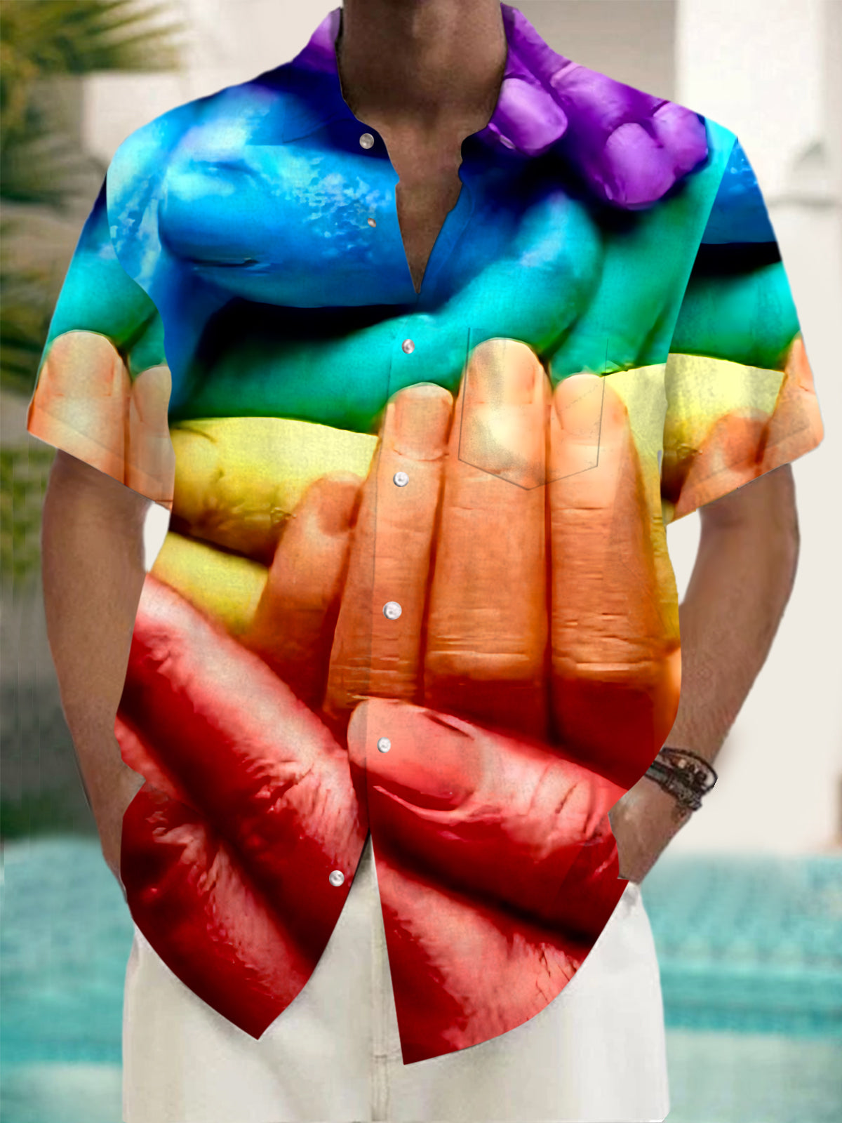 Rainbow Hand Print Men's Pocket Short Sleeve Shirts