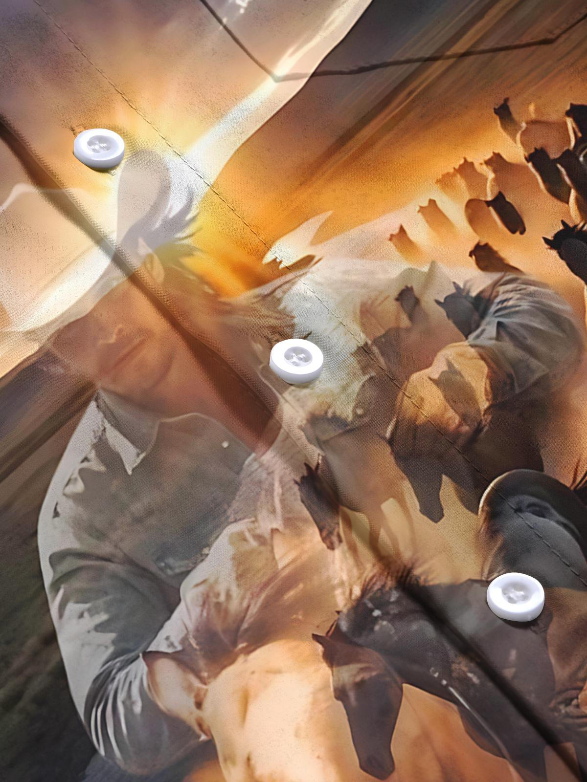 Western Cowboy Horses Print Men's Pocket Short Sleeve Shirts