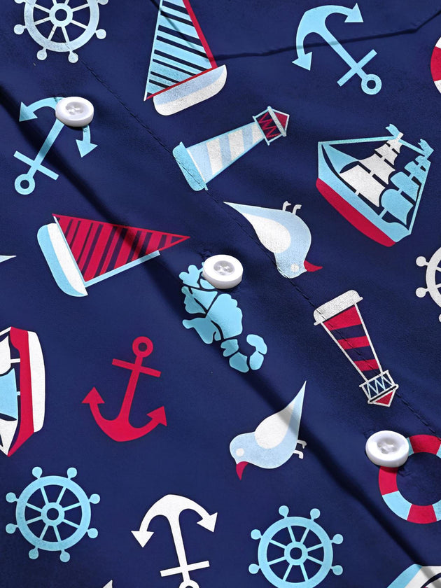 Men's anchor and lighthouse print short sleeve pocket shirt flat lay