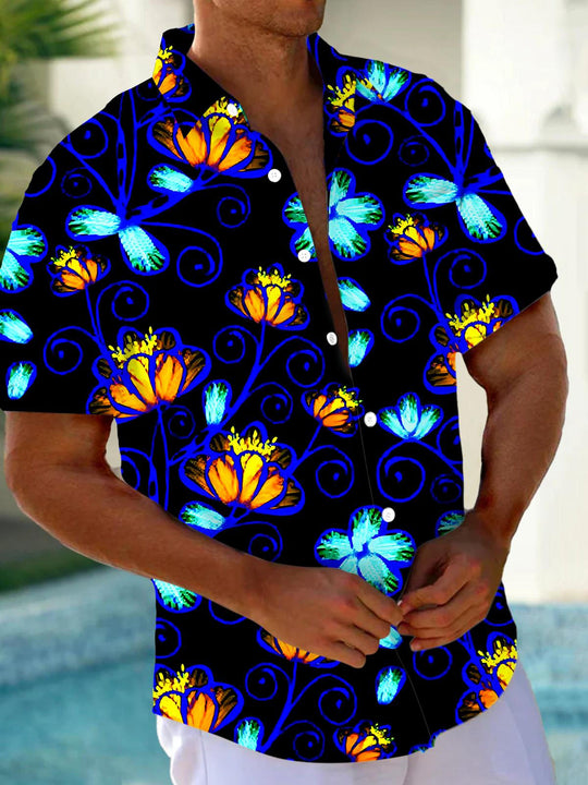 Men's Hawaiian floral short sleeve shirt front view for tropical beach vacation