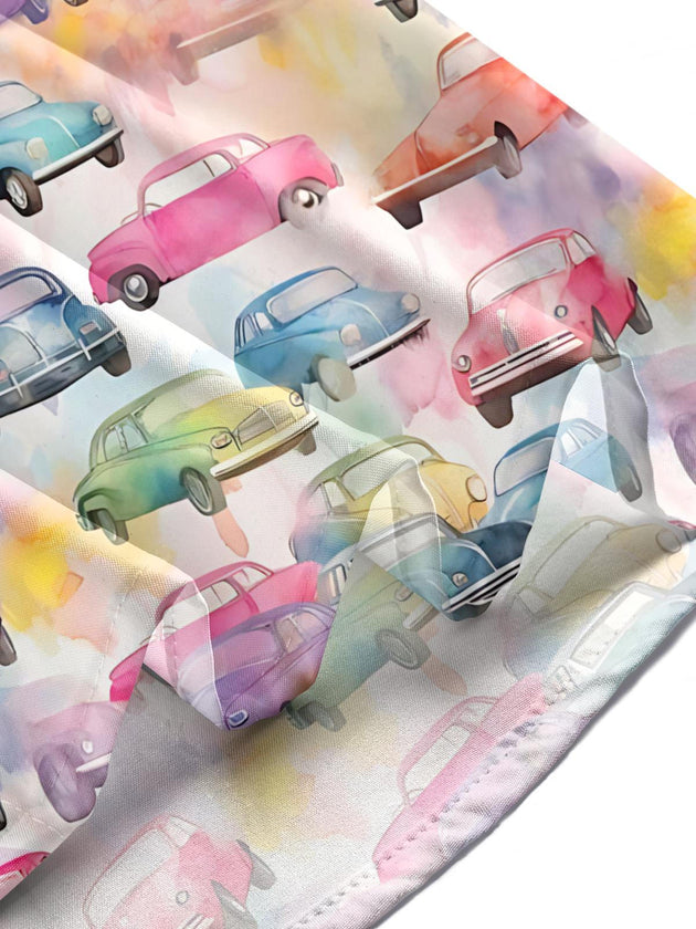 Men's car print long sleeve shirt three-quarter view outdoor