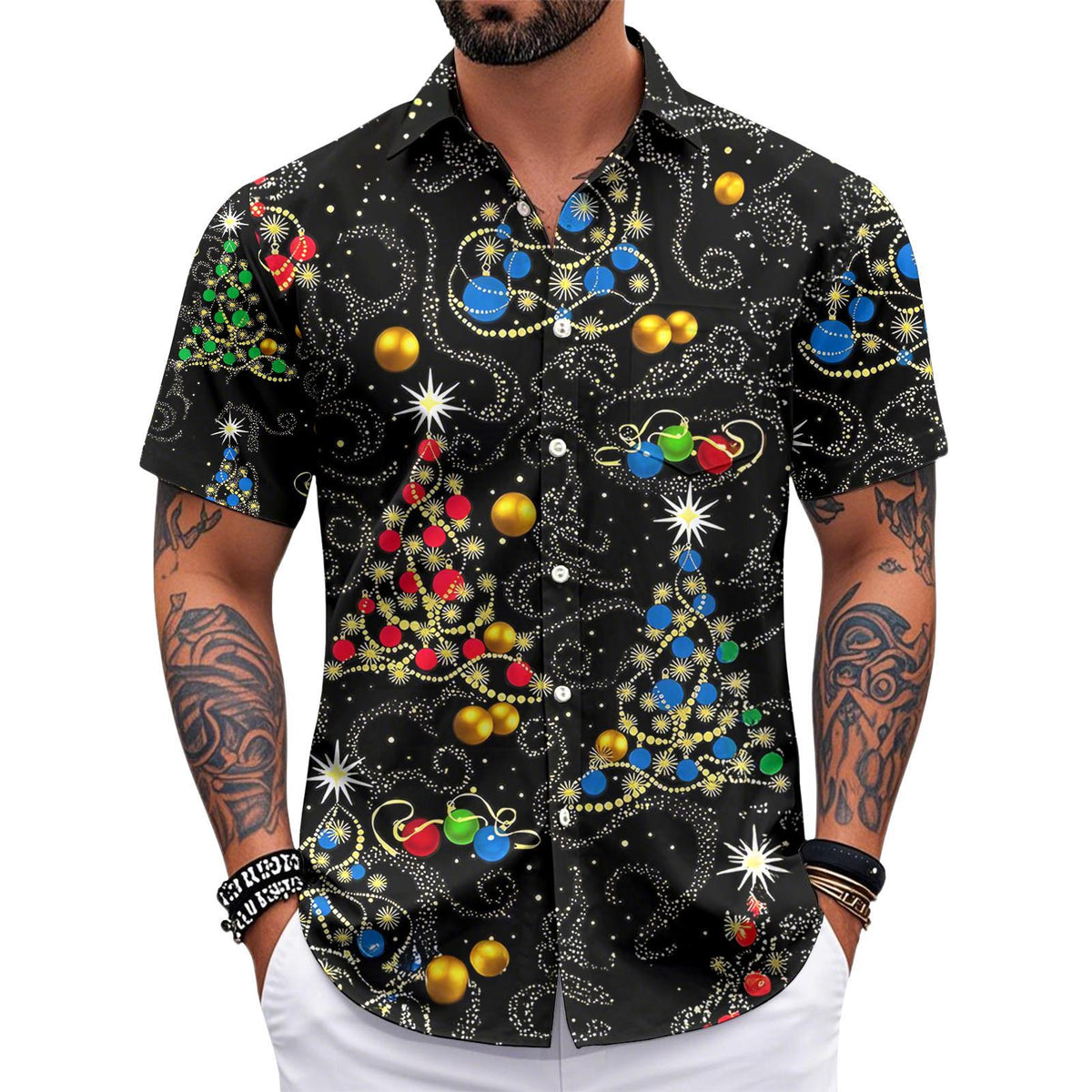 Adaychic Christmas Hawaiian Shirts for Men Christmas Tree Short Sleeve Holiday Shirts Trendy Basic Tops for Leisure Vacation chic