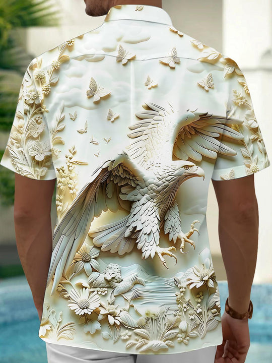 Men's short sleeve shirt back view with 3D embossed eagle and butterfly print