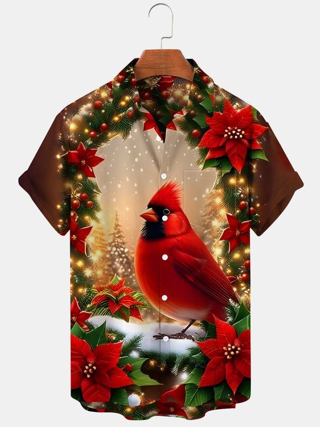 Men's Christmas red short sleeve shirt front view for holiday party