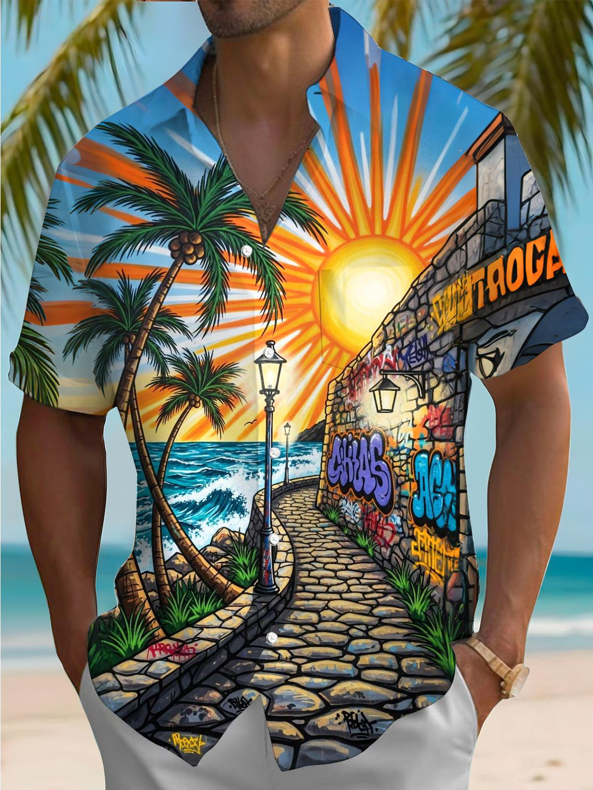 Hawaiian Palm Tree Graffiti Art Print Men's Pocket Short Sleeve Shirts