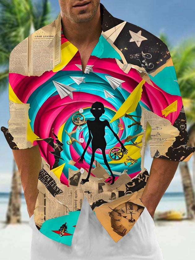 Men's fun art paper airplane swirl pocket long sleeve shirt front view