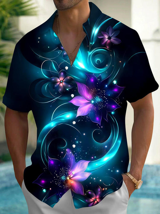 Men's floral short sleeve shirt front view tropical beach vacation
