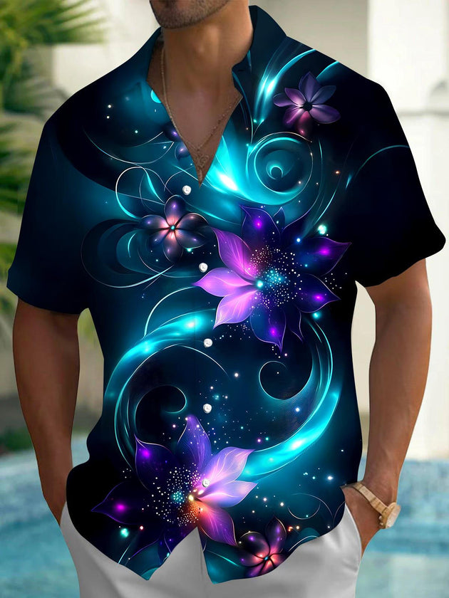 Men's floral short sleeve shirt front view tropical beach vacation