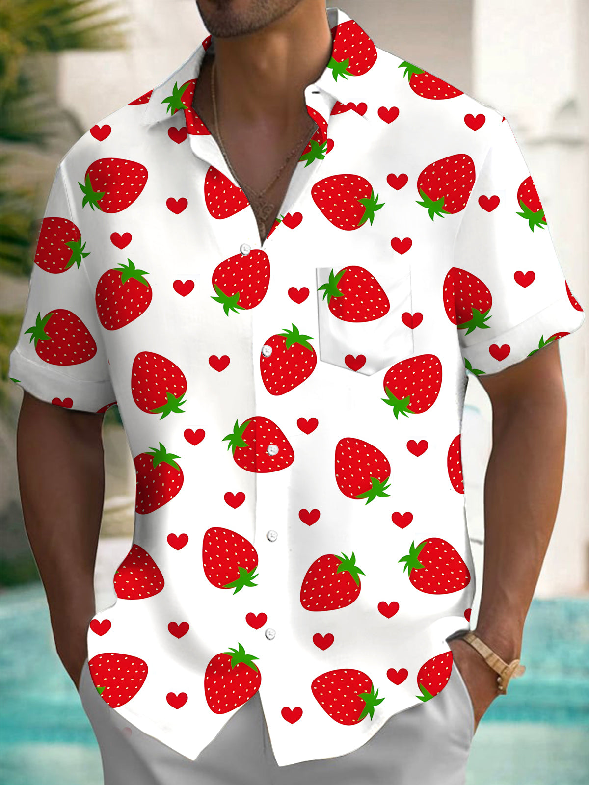 Strawberry Love Print Men's Pocket Short Sleeve Shirts