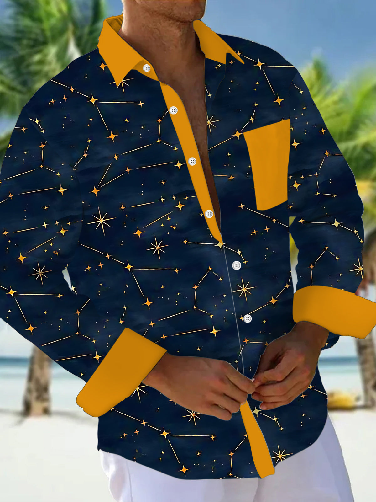 Cosmic Galaxy Print Men's Pocket Long Sleeve Shirts