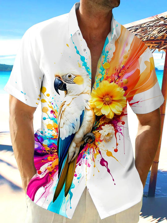 Men's colorful Hawaiian ink splash white parrot with flowers short sleeve shirt front view tropical beach vacation