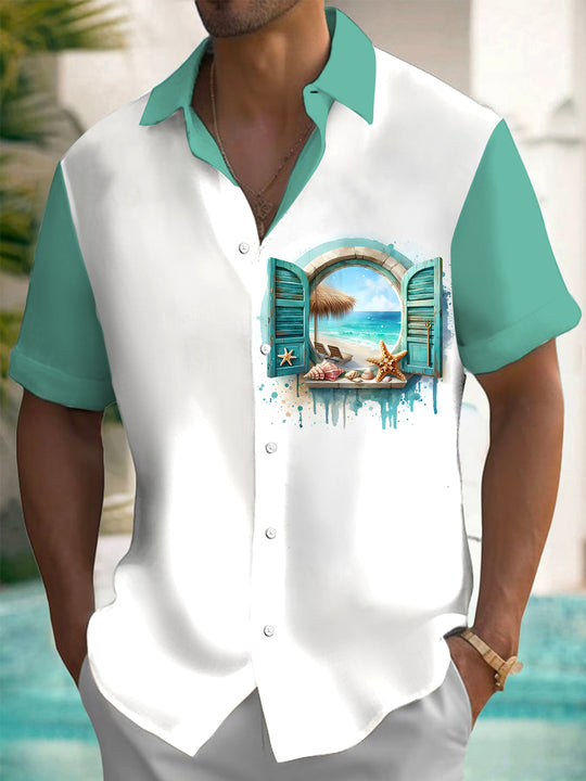 Men's Hawaiian ocean print short sleeve shirt front view for tropical beach vacation