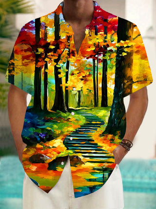 men's short sleeve shirt forest path pattern front view