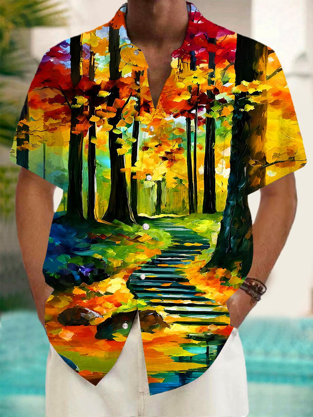 men's short sleeve shirt forest path pattern front view