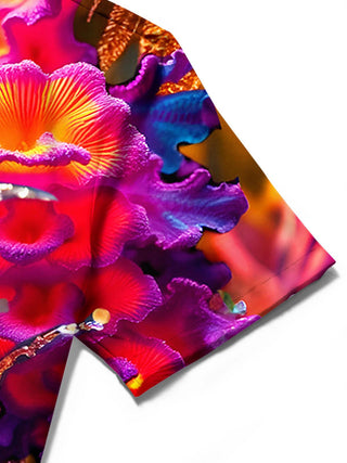 Men's Hawaiian fish print short sleeve shirt close-up detail of pocket