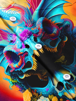 Men's black dragon skull floral long sleeve shirt flat lay pattern detail