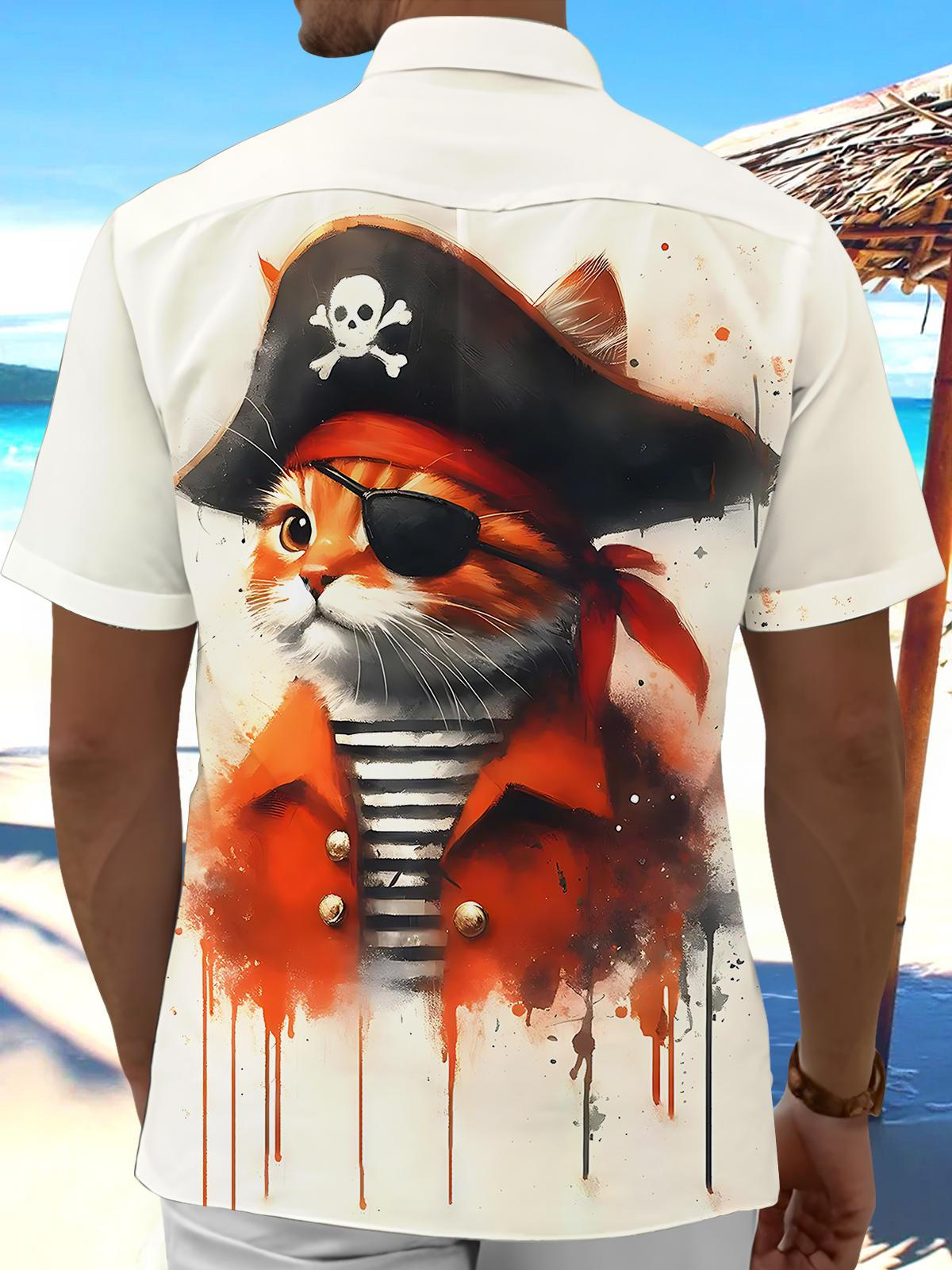 Pirate Cat Print Men's Pocket Short Sleeve Shirts