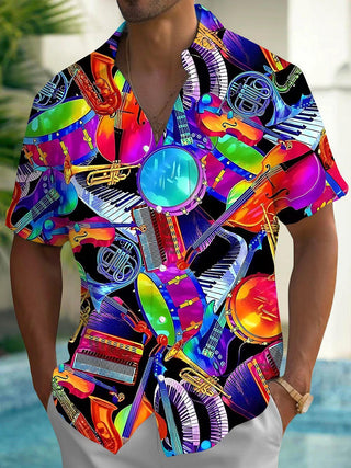 Adaychic Men's Graphic Musical Instruments Pattern Print Short Sleeve Button Down Shirt with Chest Pocket