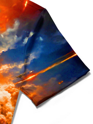 Men's dark rocket isometric map pocket short sleeve shirt detail close-up of printing texture and fabric weave
