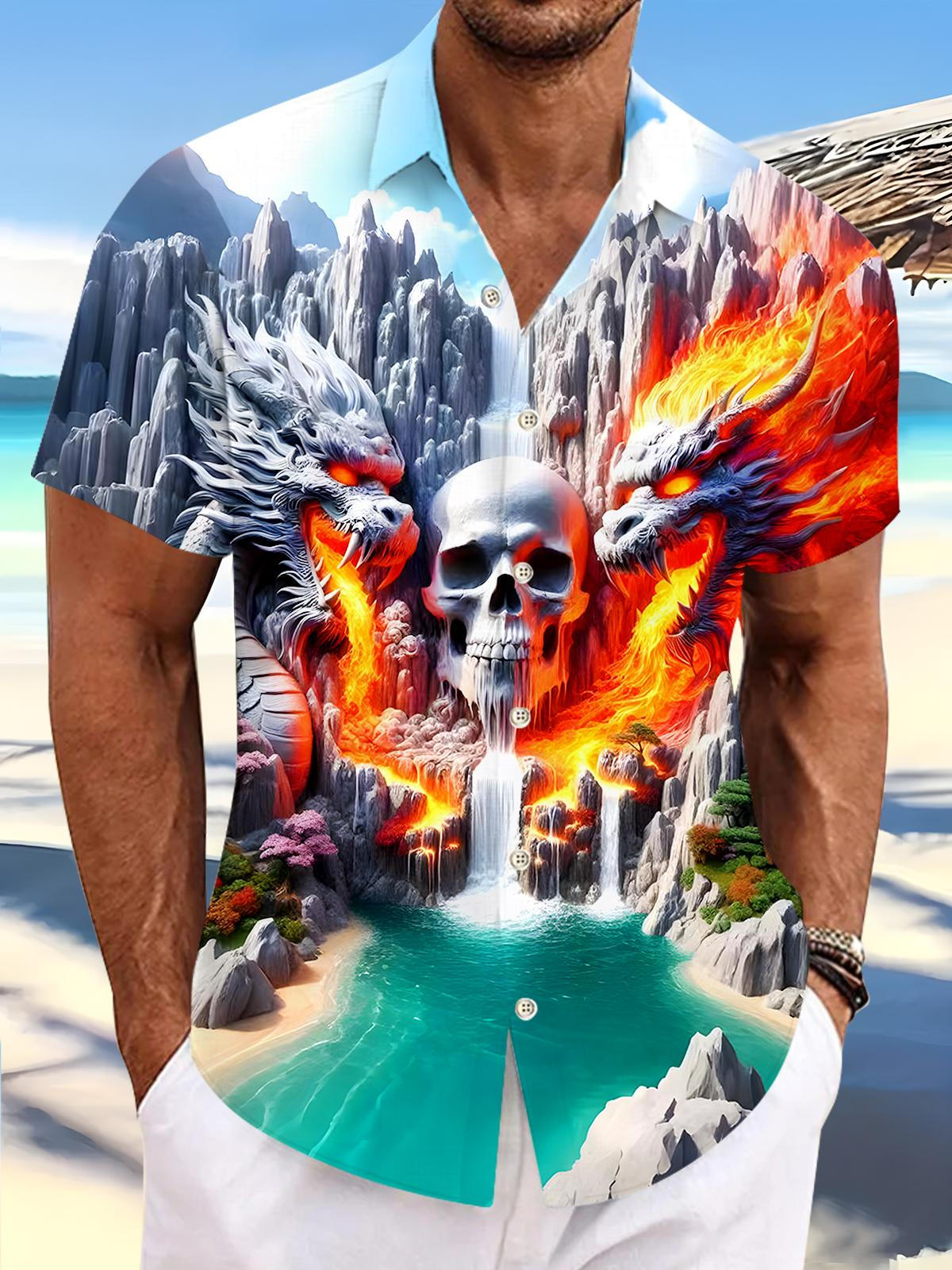 Skull Dragon Mountain Men's Pocket Short Sleeve Shirts