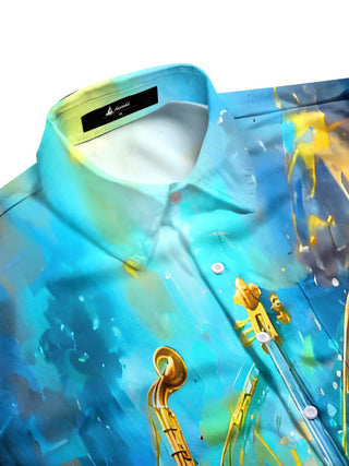 men's guitar print shirt side view