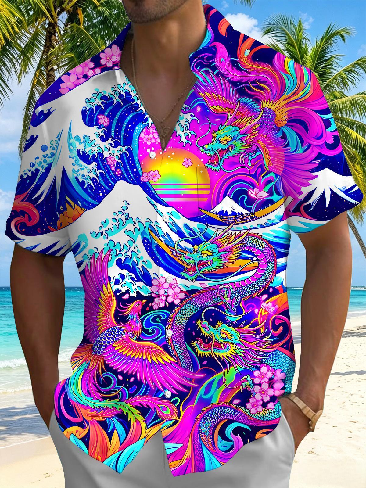 Art Neon Colorful Dragon Phoenix Sea Wave Mountain Landscape Men's Pocket Short Sleeve Shirts