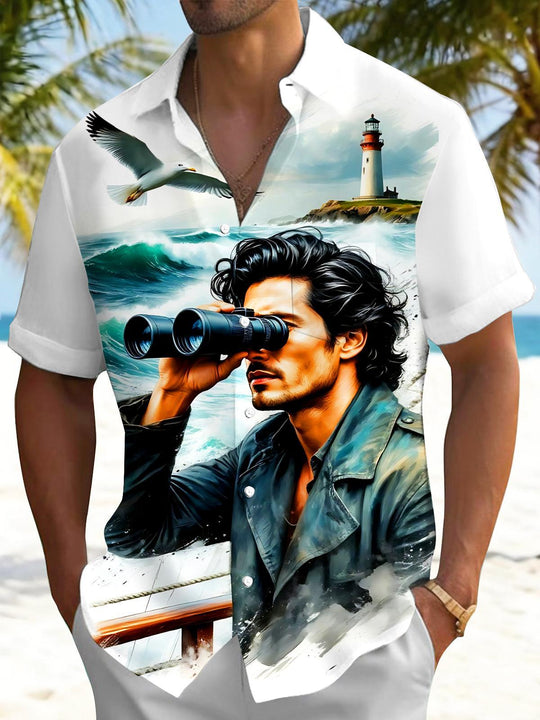 Seaside Lighthouse Sailor Adventure Men's Pocket Short Sleeve Shirts